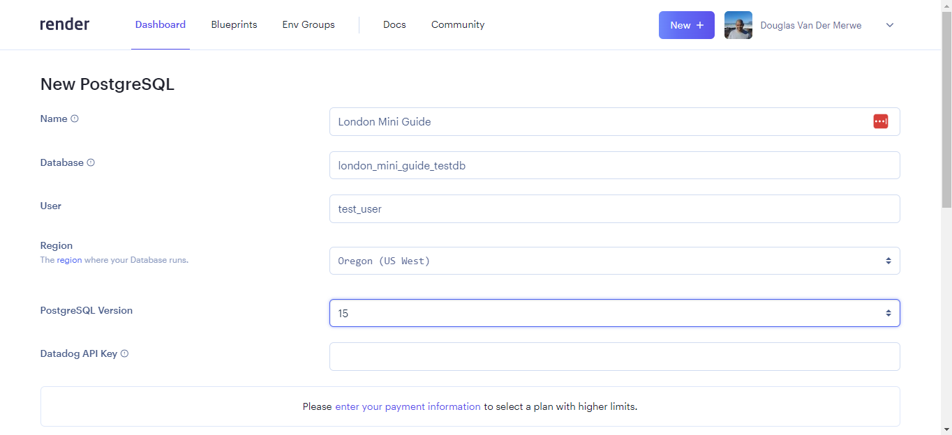 
        Provide a Name, Database and User
      