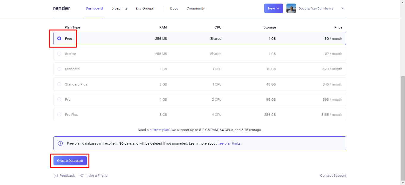 
        Ensure that the Free plan is selected and click Create Database
      
