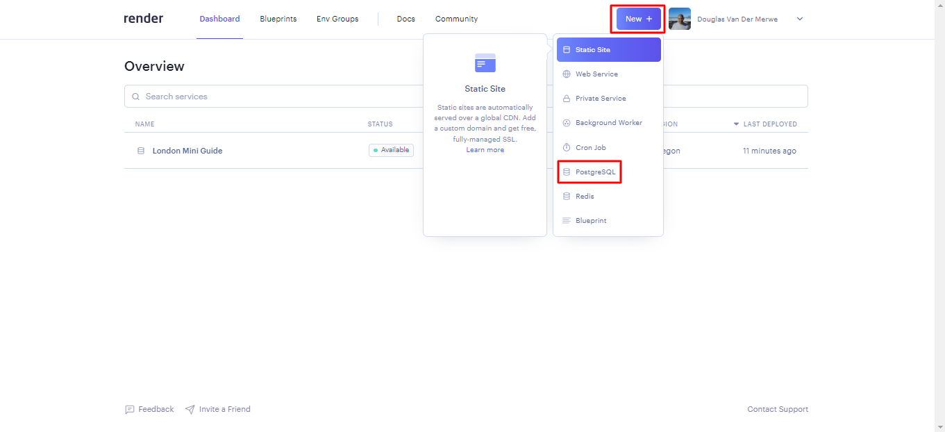 
        Click on PostgreSQL in the New + dropdown
      
