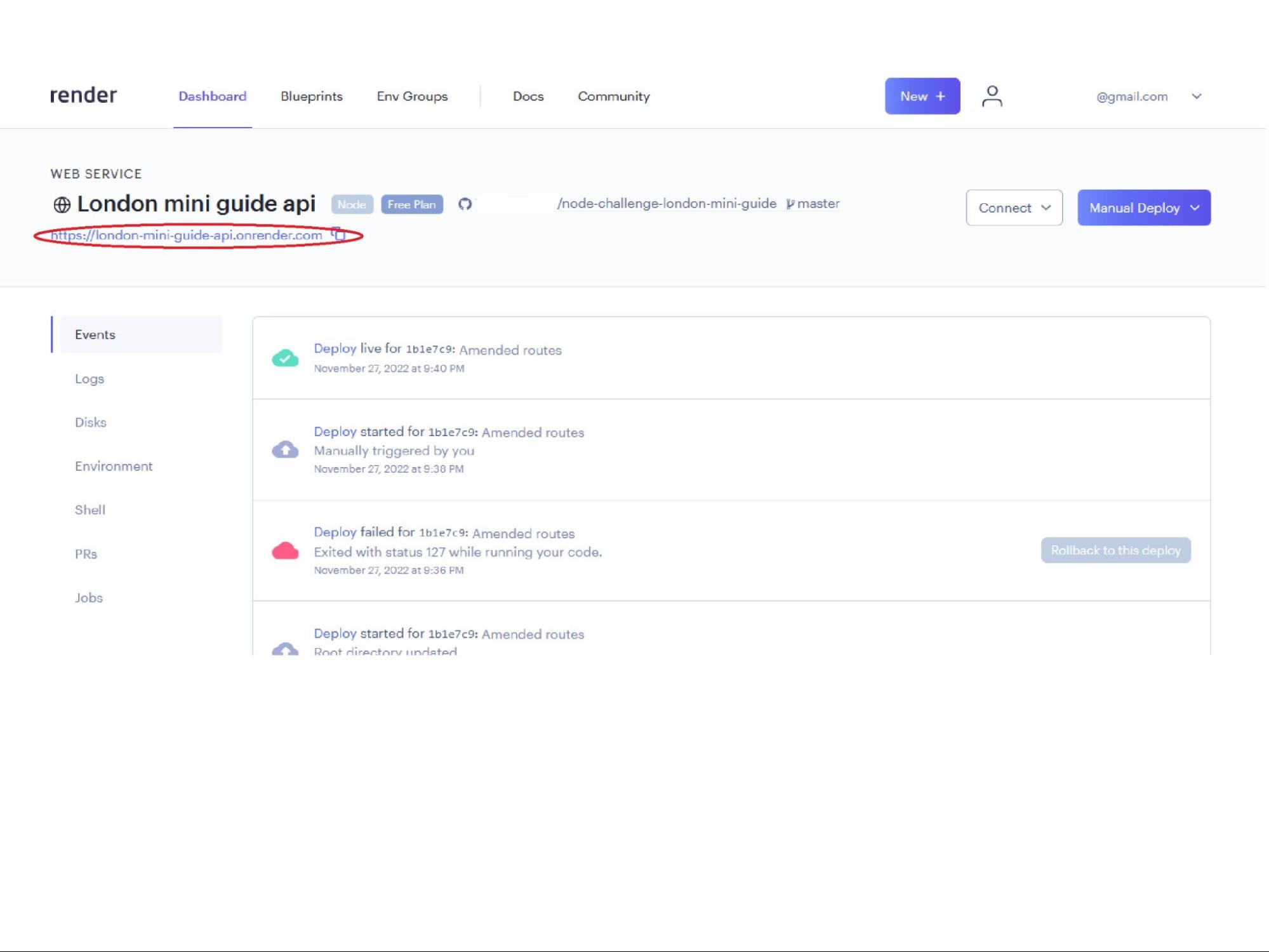 
        URL to the newly deployed server at the top of the Web Service page
      